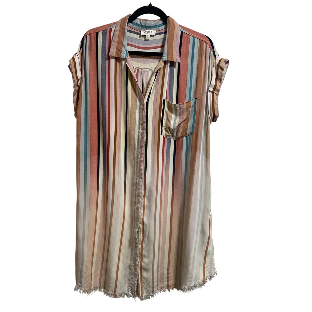 Umgee Striped Shirt Dress Button Front Frayed Hem Short Sleeve Women's Small